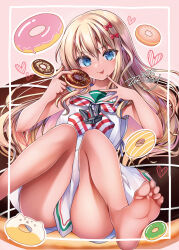 Rule 34 | 1girl, artist name, barefoot, blonde hair, blue eyes, bow, dated, doughnut, dress, feet, food, foot out of frame, grecale (kancolle), hair between eyes, hair bow, heart, holding, holding food, kantai collection, knees together feet apart, knees up, legs, long hair, makina00, neckerchief, pink bow, sailor collar, sailor dress, signature, sleeveless, sleeveless dress, smile, soles, solo, toes, tongue, tongue out, white dress, white sailor collar