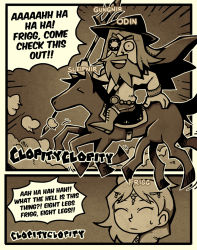 Rule 34 | 1boy, 1girl, 2koma, :d, beard, belt, black border, border, cape, character name, circlet, closed mouth, comic, commentary, emphasis lines, english commentary, english text, eyepatch, closed eyes, facial hair, facing viewer, frigg, gungnir (weapon), hat, holding, horse, jewelry, monochrome, norse mythology, odin, one eye covered, sound effects, open mouth, polearm, riding, saddle, sepia, setz, sleipnir, sleipnir (mythology), smile, sound effects, sweatdrop, trident, weapon, wristband