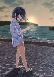 Rule 34 | 1girl, beach, bikini, bikini under clothes, blue hair, blush, boat, breasts, cleavage, commentary request, flip-flops, fushimi asuha, highres, horizon, looking at viewer, ocean, open mouth, original, outdoors, purple eyes, sandals, shirt, short hair, solo, standing, sunset, swimsuit, watercraft, white shirt