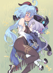 Rule 34 | 2girls, age difference, ahoge, bare shoulders, bead necklace, beads, black gloves, blade (galaxist), blue hair, blush, bow, braid, braided ponytail, grabbing another&#039;s breast, breast sucking, breasts, brown legwear, closed eyes, coin hair ornament, detached sleeves, dress, elbow gloves, flower, ganyu (genshin impact), genshin impact, gloves, grabbing, grass, hair bow, hair ornament, hat, highres, horns, jewelry, jiangshi, long hair, long sleeves, lying, medium breasts, multiple girls, necklace, ofuda, on side, onee-loli, open mouth, pantyhose, ponytail, purple dress, purple eyes, purple hair, purple headwear, qingdai guanmao, qiqi (genshin impact), small breasts, talisman, thighhighs, vision (genshin impact), white legwear, yuri