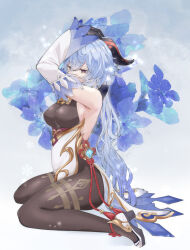 Rule 34 | 1girl, arm up, armpits, backless outfit, bare shoulders, bell, black bodysuit, black gloves, black pantyhose, blue flower, blue hair, bodystocking, bodysuit, bodysuit under clothes, breasts, chinese knot, commentary request, covered mouth, cowbell, detached sleeves, eyes visible through hair, floral background, flower, from side, full body, ganyu (genshin impact), genshin impact, gloves, goat horns, gold trim, gradient background, hair between eyes, hand on own head, high heels, highres, horns, long hair, long sleeves, looking away, low ponytail, medium breasts, neck bell, ni (ankomochi), pantyhose, pelvic curtain, purple eyes, sidelocks, sitting, snowflakes, solo, tassel, thighs, very long hair, vision (genshin impact), wariza, white background, white footwear, white sleeves, wide sleeves