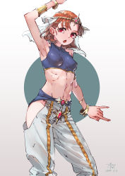 Rule 34 | \m/, abs, absurdres, arabian clothes, armband, armlet, armpits, bracelet, covered collarbone, crop top, dancer, dated, gem, ghode (basashi), harem outfit, headpiece, highres, hip vent, jewelry, kokoro magic a to z, love live!, love live! sunshine!!, midriff, navel, no panties, open mouth, orange hair, pants, red eyes, revealing clothes, see-through, solo, standing, stomach, takami chika
