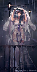 Rule 34 | absurdres, armlet, bad id, bad pixiv id, bare shoulders, black hair, blade &amp; soul, blue ribbon, breasts, brown eyes, coat, coat over head, collarbone, crossed legs, dress, eyepatch, unworn eyepatch, full body, hair over shoulder, highres, holding, holding clothes, holding coat, kooemong, lamppost, long hair, medium breasts, night, original, panties, railing, rain, removed, ribbon, see-through, solo, strapless, strapless dress, thighhighs, twitter username, underwear, watson cross, wet, wet clothes, white coat, white dress, white panties, white thighhighs, wristband
