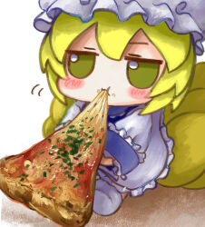 Rule 34 | 1girl, absurdres, blonde hair, blush, chibi, crumbs, dress, eating, food, food in mouth, fox tail, frilled dress, frilled hat, frills, fumo (doll), hat, highres, holding, holding food, holding pizza, jitome, long sleeves, multiple tails, pizza, pizza slice, short hair, sitting, socks, solo, tail, touhou, white background, white dress, white hat, white socks, yakumo ran, yakumora n, yellow eyes