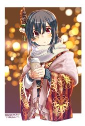Rule 34 | 1girl, black hair, blush, coffee cup, commentary request, cup, disposable cup, hair ornament, holly hair ornament, japanese clothes, jewelry, kantai collection, kimono, long sleeves, parted lips, red eyes, ring, sagamiso, scarf, solo, twitter username, upper body, wedding band, wide sleeves, yamashiro (kancolle), yukata