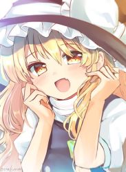 Rule 34 | 1girl, :d, blonde hair, blouse, blush, bow, fang, hands up, happy, hat, hat bow, kirisame marisa, long hair, open mouth, puffy sleeves, ramudia (lamyun), shirt, short sleeves, skin fang, smile, solo, touhou, upper body, vest, white shirt, witch hat, yellow eyes