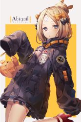 Rule 34 | 1girl, abigail williams (fate), abigail williams (traveling outfit) (fate), bandaid, bandaid on face, bandaid on forehead, belt, black bow, black jacket, blonde hair, blue eyes, blush, border, bow, breasts, character name, crossed bandaids, fate/grand order, fate (series), forehead, hair bow, hair bun, heroic spirit traveling outfit, high collar, jacket, long hair, long sleeves, looking at viewer, multiple bows, official alternate costume, open mouth, orange belt, orange bow, parted bangs, polka dot, polka dot bow, red footwear, single hair bun, sleeves past fingers, sleeves past wrists, small breasts, stuffed animal, stuffed toy, teddy bear, thighs, white border, yellow background, yunohito