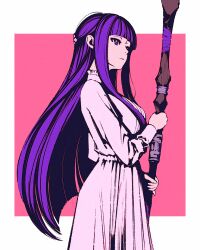 Rule 34 | 1girl, blunt bangs, breasts, dress, expressionless, fern (sousou no frieren), holding, holding staff, large breasts, long hair, moshimoshibe, purple eyes, purple hair, solo, sousou no frieren, staff, white dress