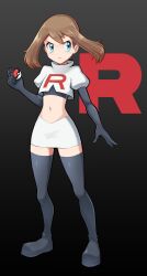 Rule 34 | 1girl, absurdres, aqua eyes, black footwear, black gloves, black shirt, boots, brown hair, closed mouth, commission, cosplay, creatures (company), cropped jacket, elbow gloves, frown, full body, game freak, gloves, gradient background, grey background, hand up, highres, holding, holding poke ball, jacket, jessie (pokemon), jessie (pokemon) (cosplay), logo, may (pokemon), mr.thunderigor, navel, nintendo, poke ball, poke ball (basic), pokemon, pokemon (anime), pokemon rse (anime), shirt, short sleeves, skirt, solo, standing, team rocket, team rocket uniform, thigh boots, white jacket, white skirt