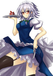 Rule 34 | 1girl, absurdres, amagi (amagi626), apron, black thighhighs, blush, bow, box, braid, breasts, cowboy shot, garter straps, gift, gift box, hair bow, highres, izayoi sakuya, knife, looking at viewer, maid, maid apron, maid headdress, red eyes, short hair, simple background, sketch, smile, solo, thighhighs, touhou, tray, twin braids, white background