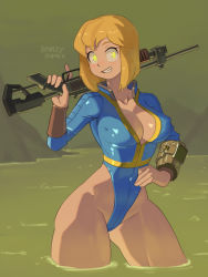 Rule 34 | 1girl, artist name, barleyshake, blonde hair, bodysuit, breasts, cleavage, commentary, covered erect nipples, covered navel, curvy, english commentary, fallout (series), fallout 4, hand on own hip, highleg, highleg leotard, highres, large breasts, leotard, narrow waist, pip boy, smile, solo, thong leotard, vault girl, yellow eyes