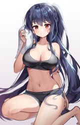Rule 34 | 1girl, bare arms, bare shoulders, barefoot, black hair, black shorts, black sports bra, blush, boku no kanojo wa ningyohime!?, breasts, cleavage, collarbone, dripping, highres, hyoin, kneeling, koma ion, large breasts, long hair, looking at viewer, midriff, navel, parted lips, red eyes, short shorts, shorts, side ponytail, simple background, sleeveless, solo, sports bra, sweat, talesshop, thighs, towel, very long hair