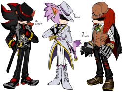 Rule 34 | 1girl, 2boys, absurdres, alternate costume, alternate universe, animal ears, animal nose, black gloves, black headwear, blaze the cat, boots, brown headwear, closed mouth, commentary, diamondx1704, english commentary, formal, full body, furry, furry female, furry male, gawain (sonic), gloves, grey headwear, hat, highres, knuckles the echidna, lancelot (sonic), mafia, multiple boys, necktie, pants, percival (sonic), shadow the hedgehog, shoes, simple background, sonic (series), sonic and the black knight, standing, suit, tail, torn clothes, torn pants, vest, white background