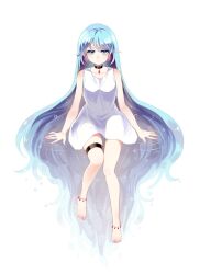Rule 34 | 1girl, absurdly long hair, air bubble, anklet, arms at sides, barefoot, black choker, blue eyes, blue hair, bubble, choker, closed mouth, dress, earrings, highres, jewelry, jitome, kitou akari (kitoakari 1016), knees together feet apart, long hair, looking at viewer, multicolored hair, original, outstretched hand, ripples, simple background, sleeveless, sleeveless dress, solo, straight-on, thigh strap, very long hair, white background
