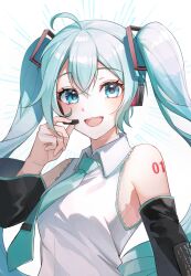 Rule 34 | 1girl, :d, absurdres, ahoge, aqua necktie, arm tattoo, black sleeves, blue eyes, blue hair, collared shirt, commentary, detached sleeves, floating hair, hair between eyes, hair ornament, hatsune miku, headphones, headset, highres, long hair, long sleeves, looking at viewer, microphone, necktie, number tattoo, open mouth, shirt, sleeveless, sleeveless shirt, smile, solo, tattoo, twintails, upper body, very long hair, vocaloid, white background, white shirt, wing collar, youwon0417