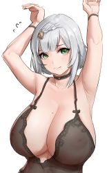 Rule 34 | 1girl, absurdres, alternate breast size, armpits, arms up, babydoll, black babydoll, black choker, blush, braid, breasts, choker, closed mouth, collarbone, commentary, covered erect nipples, flying sweatdrops, genshin impact, green eyes, highres, huge breasts, lingerie, mole, mole on breast, noelle (genshin impact), see-through, shikube, short hair, silver hair, simple background, solo, underwear, upper body, white background