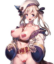 Rule 34 | 10s, 1girl, bare shoulders, belt, blonde hair, blue eyes, blush, breasts, cucouroux (granblue fantasy), eyebrows, granblue fantasy, hair ribbon, hat, heart, heart maebari, heart pasties, long hair, looking to the side, maebari, medium breasts, navel, pasties, redcomet, ribbon, simple background, solo, twintails, white background