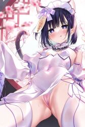 Rule 34 | 1girl, animal ears, black hair, blue eyes, blurry, blurry background, blurry foreground, branch, cameltoe, cat ears, cat girl, cat tail, cleft of venus, commentary request, covered navel, depth of field, detached sleeves, dress, flower, from below, futaba miwa, gluteal fold, heart, heart-shaped pupils, highres, juliet sleeves, long sleeves, looking at viewer, looking down, ofuda, original, panties, pink flower, pink panties, puffy sleeves, purple ribbon, ribbon, round window, sleeveless, sleeveless dress, sleeves past fingers, sleeves past wrists, solo, symbol-shaped pupils, tail, tail raised, thighhighs, underwear, white dress, white sleeves, white thighhighs, window