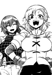 Rule 34 | 2girls, :d, arm up, belt, blush, breasts, commentary request, cowboy shot, fingerless gloves, gloves, greyscale, hand on own hip, hands on own hips, heterochromia, highres, himajin noizu, horikawa raiko, large breasts, looking at viewer, monochrome, multiple girls, open mouth, short hair, short sleeves, simple background, smile, sparkle, sweat, tatara kogasa, touhou, white background