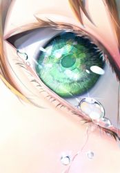 Rule 34 | ambiguous gender, brown hair, close-up, colored eyelashes, commentary request, crying, crying with eyes open, dutch angle, eye focus, eyelashes, facing viewer, glint, green eyes, highres, light particles, looking afar, meiya (dia douya), original, streaming tears, swept bangs, tareme, tears