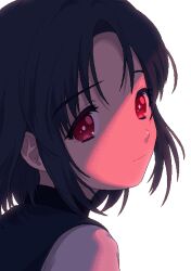 Rule 34 | 1girl, absurdres, black hair, closed mouth, commentary request, from behind, highres, ily., light smile, looking at viewer, looking back, medium hair, narume, official art, pink pupils, pixel art, portrait, red eyes, red light, sailor collar, shirt, sidelighting, simple background, solo, turtleneck, turtleneck shirt, white background, yurisawa airi