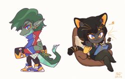 Rule 34 | 1boy, 1girl, animal ears, artist name, bastet (mythology), black footwear, black fur, black hair, black pants, black skirt, black vest, blue eyes, blue jacket, brown pantyhose, cat ears, cat girl, cat tail, clipboard, colored skin, couch, crocodile boy, crocodilian tail, egyptian mythology, from side, full body, furry, furry female, furry male, green hair, green skin, high heels, highres, holding, holding clipboard, holding skateboard, hua hua de meme, jacket, on couch, original, pants, pantyhose, pointy ears, profile, shirt, shoes, short hair, signature, sitting, skateboard, skirt, sneakers, sobek (mythology), tail, vest, white background, yellow shirt