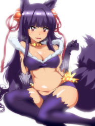 Rule 34 | 10s, 1girl, animal ears, bell, belly, bikini, blush, breasts, cleavage, elbow gloves, erune, female focus, gloves, granblue fantasy, hair bell, hair ornament, hyudora, large breasts, long hair, navel, open mouth, plump, purple bikini, purple gloves, purple hair, purple thighhighs, red eyes, shingeki no bahamut, simple background, smile, solo, sweat, swimsuit, tail, thighhighs, very long hair, wolf ears, wolf tail, yuel (granblue fantasy), yuel (shingeki no bahamut)