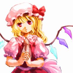 Rule 34 | 1girl, asada ryou, ascot, bad id, bad pixiv id, blonde hair, bow, expressionless, faux traditional media, flandre scarlet, own hands clasped, hat, hat bow, mob cap, own hands together, puffy short sleeves, puffy sleeves, red eyes, short hair, short sleeves, solo, touhou, white background, wings