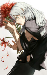 Rule 34 | 1boy, absurdres, air (ai r ), black pants, black shirt, blue eyes, falling petals, flower, from side, gradient background, grey hair, hair between eyes, heterochromia, highres, holding, holding flower, jujutsu kaisen, long hair, looking down, mahito (jujutsu kaisen), male focus, pants, parted lips, petals, red flower, shirt, short sleeves, simple background, solo, spider lily, stitched arm, stitched face, stitched torso, stitches, torn sleeve, white background