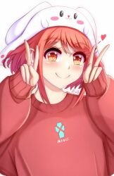 Rule 34 | 1girl, animal hat, anisdrawn, blush, bob cut, closed mouth, commentary, core crystal (xenoblade), double v, english commentary, hat, heart, highres, pyra (xenoblade), rabbit hat, red hair, red sweater, simple background, sleeves past wrists, smile, solo, sweater, upper body, v, white background, white hat, xenoblade chronicles (series), xenoblade chronicles 2