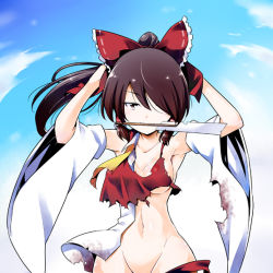 Rule 34 | 1girl, adjusting hair, armpits, arms behind head, arms up, blue sky, bow, breasts, brown eyes, brown hair, cloud, collarbone, curvy, day, detached sleeves, frills, gohei, groin, hair bow, hair over one eye, hair ribbon, hair tubes, hakurei reimu, hands on own head, japanese clothes, kiku hitomoji, long hair, looking at viewer, medium breasts, midriff, miko, mouth hold, navel, ponytail, ribbon, sideboob, sky, solo, torn clothes, touhou, tying hair, wide hips, wide sleeves