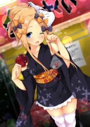 Rule 34 | 1girl, abigail williams (fate), alternate costume, alternate hairstyle, blonde hair, blush, bow, commentary request, detached sleeves, fate/grand order, fate (series), fish, hair bow, hair bun, hand fan, highres, japanese clothes, key, kimono, looking at viewer, mask, obi, one eye closed, orange bow, polka dot, polka dot bow, purple bow, sash, short kimono, sidelocks, single hair bun, sleeveless, sleeveless kimono, solo, thighhighs, tries, white thighhighs, wide sleeves