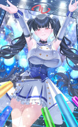 Rule 34 | 1girl, absurdres, alternate costume, alternate hairstyle, armpits, arms up, black choker, black hair, blue archive, blunt bangs, blurry, choker, commentary request, concert, depth of field, detached sleeves, glowstick, halo, highres, idol, long hair, long sleeves, looking at viewer, mischievous straight uniform (blue archive), pleated skirt, red eyes, rio (blue archive), sidelocks, skirt, spotlight, sysen, twintails