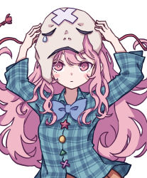 Rule 34 | 1girl, absurdres, blue bow, blue bowtie, bowtie, expressionless, green shirt, hata no kokoro, highres, kame (kamepan44231), long hair, looking at viewer, mask, mask on head, pink eyes, pink hair, plaid, plaid shirt, shirt, simple background, solo, tagme, touhou, very long hair, white background