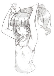 Rule 34 | 1girl, ahoge, aouma, armpits, arms up, bad id, bad pixiv id, bunching hair, camisole, graphite (medium), hairdressing, highres, idolmaster, idolmaster (classic), looking at viewer, monochrome, mouth hold, scrunchie, sketch, solo, takatsuki yayoi, traditional media, upper body