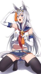 Rule 34 | 1girl, absurdres, ahoge, animal ears, arm up, bare shoulders, belt, black thighhighs, blue eyes, blue sailor collar, blue skirt, breasts, carrot, collarbone, commentary, cosplay, elbow gloves, food, food bite, gloves, gluteal fold, hair ornament, highleg, highleg panties, highres, holding, holding food, horse ears, horse girl, horse tail, kantai collection, looking at viewer, navel, no shoes, oguri cap (umamusume), open mouth, panties, panty peek, pleated skirt, red neckwear, sailor collar, shadow, shimakaze (kancolle), shimakaze (kancolle) (cosplay), shinomu (cinomoon), shirt, silver hair, simple background, skirt, sleeveless, sleeveless shirt, small breasts, solo, spread legs, tail, thighhighs, thighs, tongue, umamusume, underwear, white gloves, white panties
