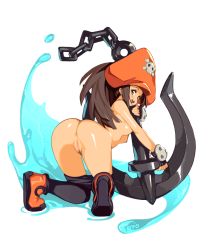 Rule 34 | 1girl, anchor, anus, arc system works, ass, breasts, brown eyes, brown hair, fingerless gloves, gloves, guilty gear, guilty gear x, guilty gear xx, hat, kneeling, long hair, looking back, may (guilty gear), nude, optionaltypo, orange footwear, pantyhose, pirate, pirate hat, presenting, pussy, simple background, skull and crossbones, small breasts, smile, solo, uncensored, white background
