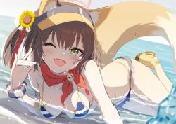 Rule 34 | 1girl, ;d, animal ears, bare shoulders, bikini, blue archive, bracelet, breasts, brown hair, day, denim, denim shorts, eyeshadow, fang, fox ears, fox girl, fox shadow puppet, fox tail, gotyou, izuna (blue archive), izuna (swimsuit) (blue archive), jewelry, looking at viewer, lying, makeup, medium breasts, micro shorts, navel, on stomach, one eye closed, open mouth, outdoors, sandals, scarf, short hair, shorts, side ponytail, smile, solo, stomach, string bikini, striped bikini, striped clothes, swimsuit, tail, thighs, visor cap, water, wet, yellow eyes