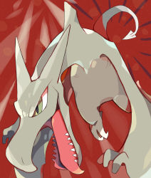 Rule 34 | aerodactyl, akadako, animal focus, creatures (company), emphasis lines, flying, full body, game freak, gen 1 pokemon, green eyes, highres, nintendo, no humans, one-hour drawing challenge, open mouth, pokemon, pokemon (creature), red background, sharp teeth, solo, teeth, tongue, tongue out