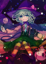 Rule 34 | 1girl, animal, black bow, bone, bow, buttons, candy, cape, cat, dress, food, full body, green dress, green eyes, green hair, hat, hat bow, highres, holding, holding candy, holding food, holding lollipop, komeiji koishi, lollipop, long sleeves, looking at viewer, multicolored clothes, multicolored legwear, multicolored nails, nail polish, open mouth, pantyhose, pink bow, purple hat, purple nails, red nails, shirt, shoes, short hair, skirt, skull, solo, star (symbol), striped clothes, striped legwear, striped pantyhose, suspender skirt, suspenders, sweets, swirl lollipop, touhou, tsukikusa, wavy hair, white shirt, witch hat