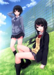 Rule 34 | 2girls, :d, absurdres, aoyama sumika, black eyes, black hair, black skirt, black socks, blue bow, bow, bowtie, cardigan, coffee-kizoku, day, grass, grey skirt, grey sweater, hand in own hair, highres, kneehighs, loafers, long hair, looking at viewer, miniskirt, multiple girls, open mouth, original, outdoors, pleated skirt, red bow, school uniform, shiramine rika, shoes, short hair, sitting, skirt, smile, socks, standing, sweater