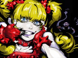 Rule 34 | 1boy, 1girl, bare shoulders, blonde hair, blue eyes, bracelet, capcom, collar, collarbone, dress, effie (street fighter), eyelashes, eyeshadow, finger in mouth, fingerless gloves, gloves, grin, hair ornament, jewelry, leash, lipstick, long hair, long twintails, looking at viewer, makeup, necro (street fighter), nose, purple lips, red dress, red gloves, smile, solo focus, spiked bracelet, spikes, street fighter, street fighter iii (series), teeth, twintails