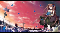 Rule 34 | 1girl, arisaka ako, bad id, bad pixiv id, bouquet, brown hair, choker, cityscape, cloud, cross, dress, flower, hair flower, hair ornament, jewelry, letterboxed, long hair, necklace, original, petals, power lines, red eyes, rose, ruins, sign, sky, solo, twintails, very long hair