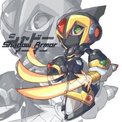 Rule 34 | 1boy, android, arm cannon, commentary, covered mouth, english commentary, english text, green eyes, helmet, highres, holding, holding sword, holding weapon, iikoao, looking at viewer, male focus, mega man (series), mega man x6, mega man x (series), mixed-language commentary, shadow armor x (mega man), solo, sword, weapon, x (mega man)