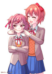 Rule 34 | 2girls, :3, :d, angry, annoyed, artist name, averting eyes, blazer, blue skirt, blush, bow, breasts, brown jacket, closed eyes, closed mouth, commentary, cowboy shot, doki doki literature club, dress shirt, facing another, fingers on another&#039;s face, fingersmile, forced smile, hair between eyes, hair bow, hair ornament, hair ribbon, happy, height difference, jacket, keito nagumo, long sleeves, looking to the side, multiple girls, natsuki (doki doki literature club), neck ribbon, open clothes, open jacket, open mouth, orange hair, pink eyes, pink hair, pleated skirt, red bow, red ribbon, ribbon, sayori (doki doki literature club), school uniform, shirt, short hair, simple background, skirt, small breasts, smile, sweatdrop, sweater vest, swept bangs, twitter username, two side up, unamused, white background, white shirt, x hair ornament, yellow sweater vest