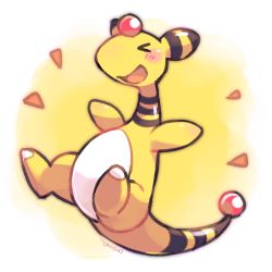 Rule 34 | &gt; &lt;, :d, ampharos, blush, commentary request, creatures (company), closed eyes, full body, game freak, gen 2 pokemon, happy, nintendo, no humans, open mouth, outstretched arms, pokemon, pokemon (creature), signature, smile, solo, tansho, tongue