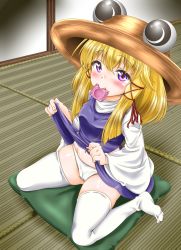 Rule 34 | 1girl, blonde hair, clothes lift, condom, condom in mouth, feet, hat, highres, long hair, moriya suwako, mouth hold, no shoes, panties, purple eyes, skirt, skirt lift, solo, tatsuya (guild plus), thighhighs, touhou, underwear