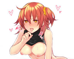 Rule 34 | 1girl, ahoge, bare arms, bare shoulders, blush, breasts, breasts out, clothes lift, fate/grand order, fate (series), fellatio gesture, fujimaru ritsuka (female), hair between eyes, hair ornament, hair scrunchie, hanging breasts, heart, heart-shaped pupils, hira (daphne), leaning forward, medium breasts, naughty face, nipples, nose blush, one side up, open mouth, orange hair, scrunchie, simple background, sleeveless, solo, sweatdrop, symbol-shaped pupils, tongue, tongue out, upper body, white background, yellow eyes, yellow scrunchie
