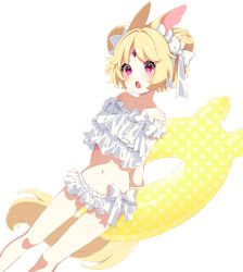 Rule 34 | 1girl, aldin nicola, animal ear fluff, animal ears, arms behind back, bare shoulders, bikini, blonde hair, blush, bow, collarbone, double bun, dutch angle, feet out of frame, forehead jewel, hair bow, hair bun, highres, indie virtual youtuber, innertube, looking at viewer, mamyouda, navel, off-shoulder bikini, off shoulder, open mouth, puffy short sleeves, puffy sleeves, purple eyes, short eyebrows, short hair, short sleeves, simple background, solo, standing, swim ring, swimsuit, thick eyebrows, transparent background, v-shaped eyebrows, virtual youtuber, white background, white bikini, white bow