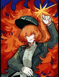 Rule 34 | 1girl, aislan, arm up, blue background, collared shirt, gloves, green hat, green jacket, hat, highres, ishmael (project moon), jacket, limbus company, long hair, looking at viewer, lying, military hat, military uniform, on back, open mouth, orange hair, project moon, shirt, simple background, smile, solo, uniform, very long hair, white gloves, white shirt, yellow eyes